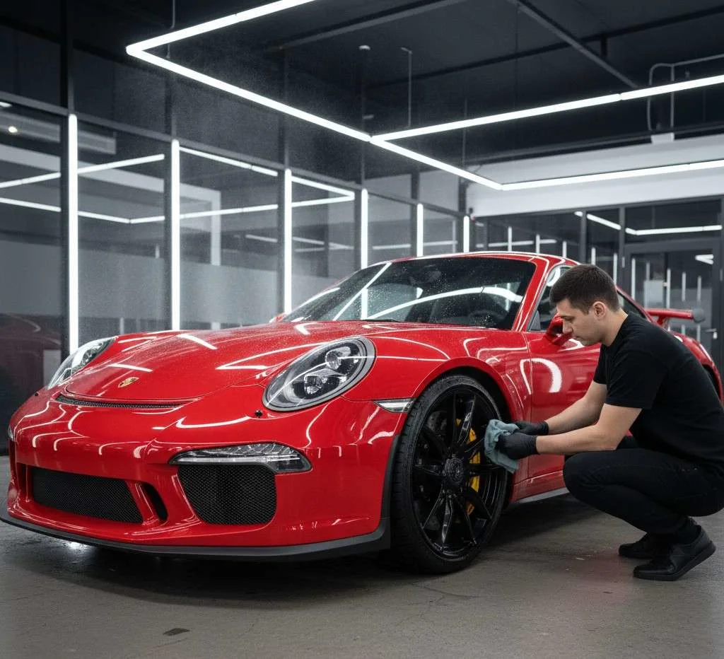 In a luxury vehicle studio, a red Porsche 911 is expertly detailed utilising waterless car wash methods.