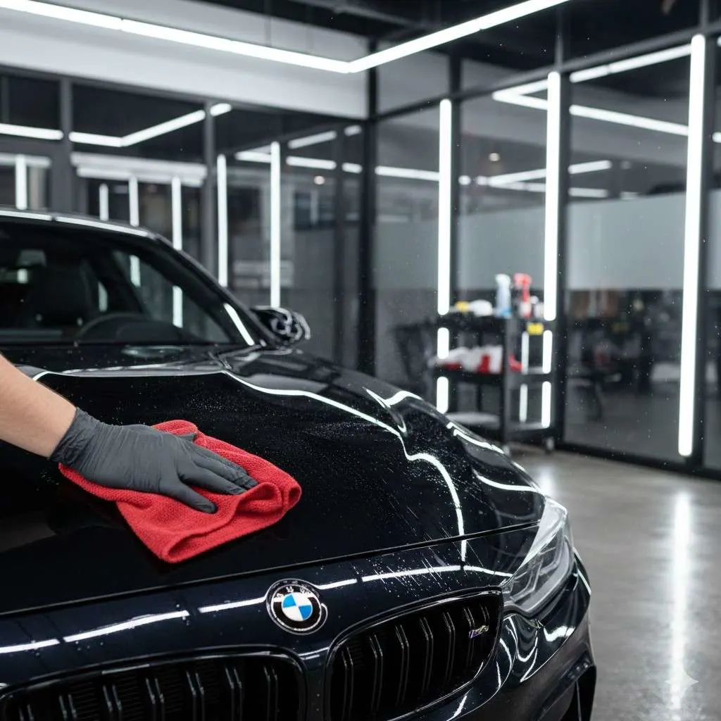 A black BMW in a high-end detailing garage after a professional waterless car wash, displaying a rich gloss finish and a red microfibre buffing cloth.