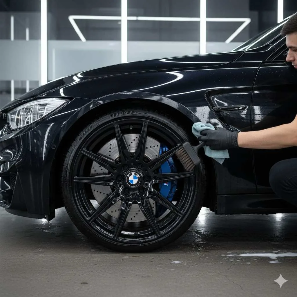 A high-definition, up-close view shows a skilled detailer polishing a black BMW M4's multi-spoke alloy wheel. The detailer cleans the brake callipers and rim using a light blue microfibre cloth and a specialised detailing brush while donning black gloves.
